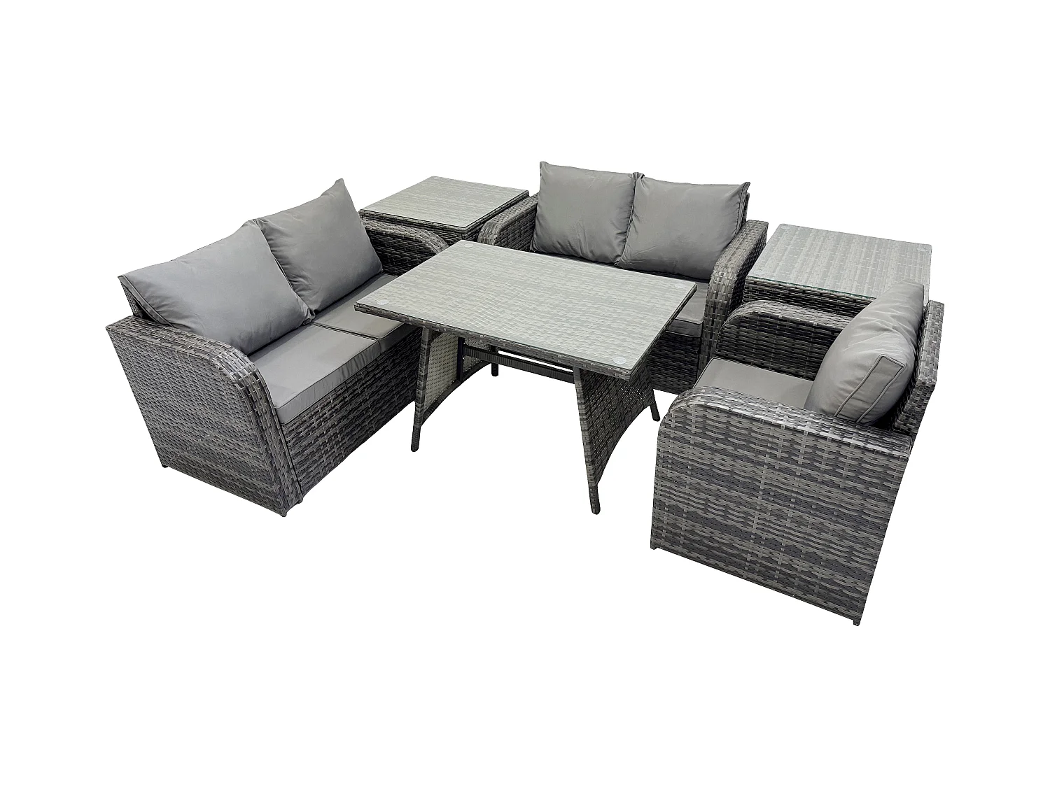 6 Stücke Polyrattan Gartenmöbel Set mit Esstisch Sesseln Love Sofa 2 Beistelltischen Dunkelgrau Gemischt