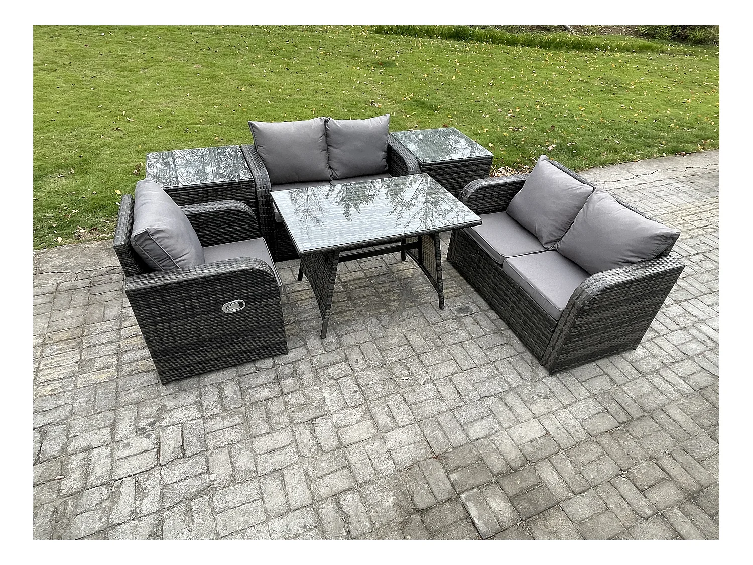 6 Stücke Polyrattan Gartenmöbel Set mit Esstisch Sesseln Love Sofa 2 Beistelltischen Dunkelgrau Gemischt