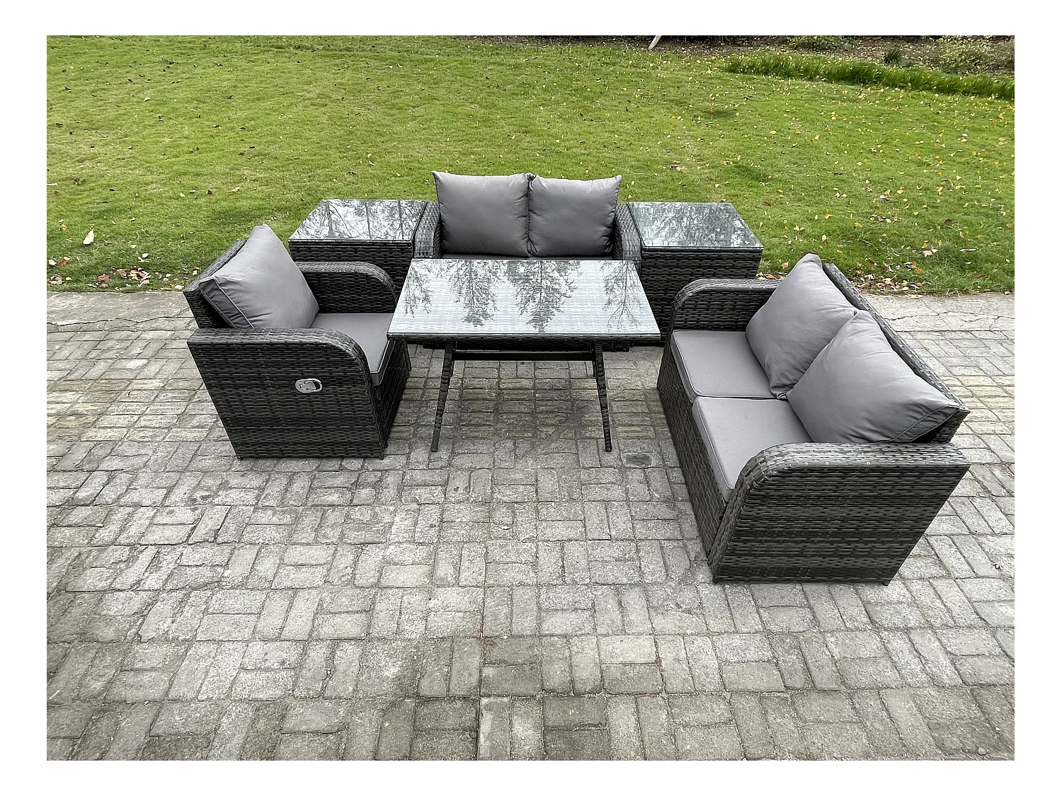 6 Stücke Polyrattan Gartenmöbel Set mit Esstisch Sesseln Love Sofa 2 Beistelltischen Dunkelgrau Gemischt