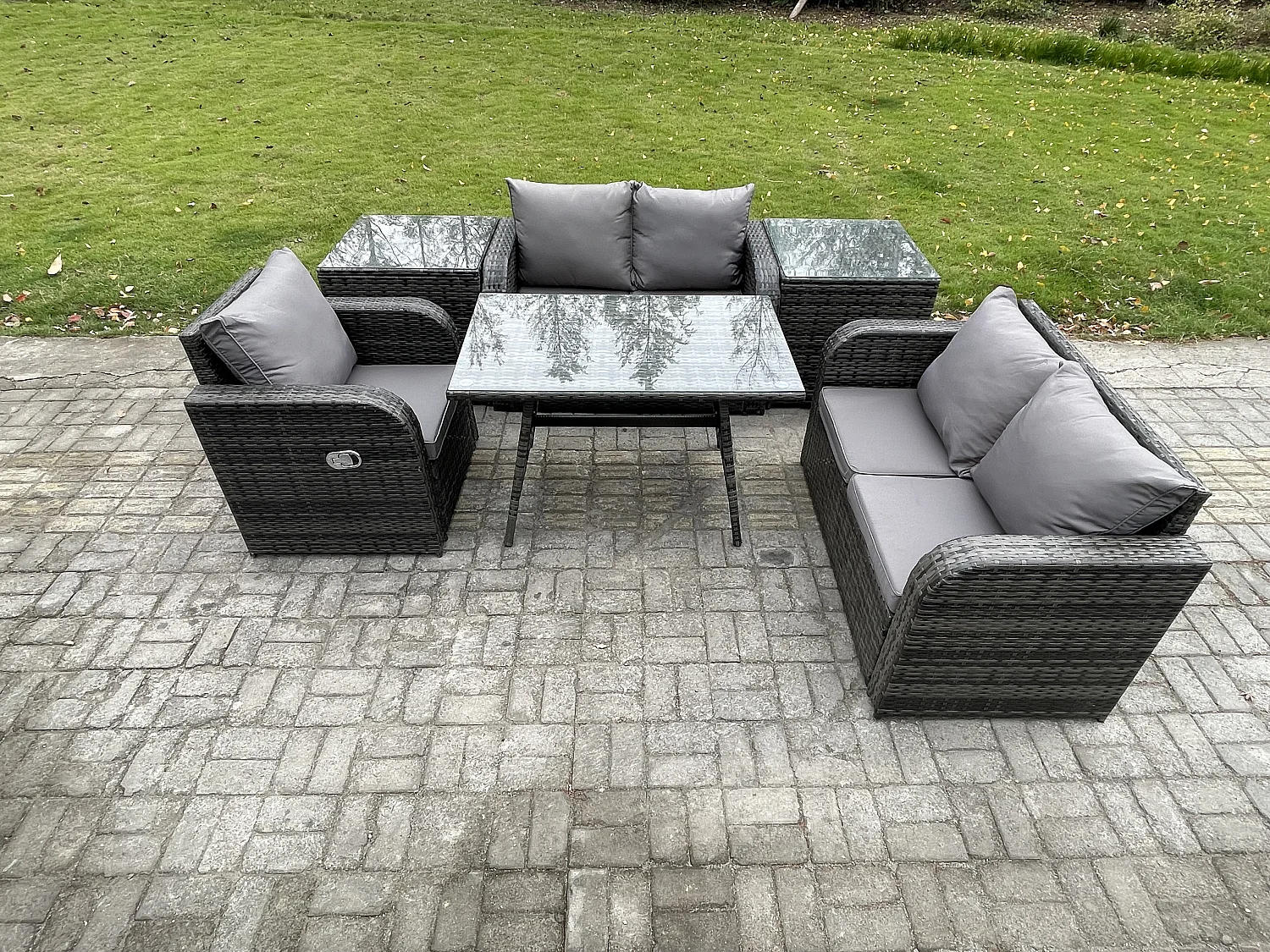 6 Pièces Ensemble de meubles de jardin en rotin avec Table à manger Fauteuil Canapé d'amour 2 Tables d'appoint Gris foncé mixte