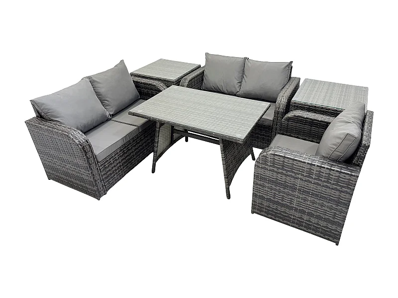 6 Pièces Ensemble de meubles de jardin en rotin avec Table à manger Fauteuil Canapé d'amour 2 Tables d'appoint Gris foncé mixte