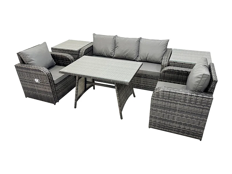 Hoher Rücken Rattan Gartenmöbel Sets mit Rechteckiger Esstisch Liegestühle 3-Sitzer Sofa 2 Beistelltischen