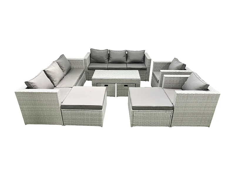 Polyrattan Gartenmöbelset mit Graue Kissen 12-Sitzer mit 2 Sesseln und Couchtisch