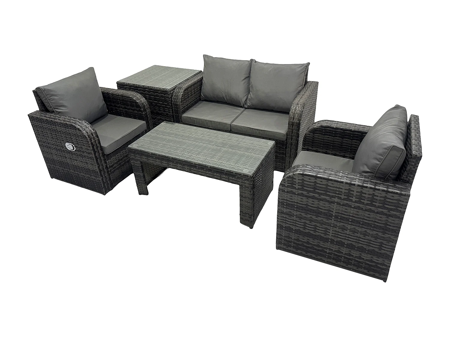 Fimous Rattan Lounge Sofa Set Outdoor Garden Furniture Set with Rectangular Coffee Table Love Sofa Side Table Dark Grey Mixed