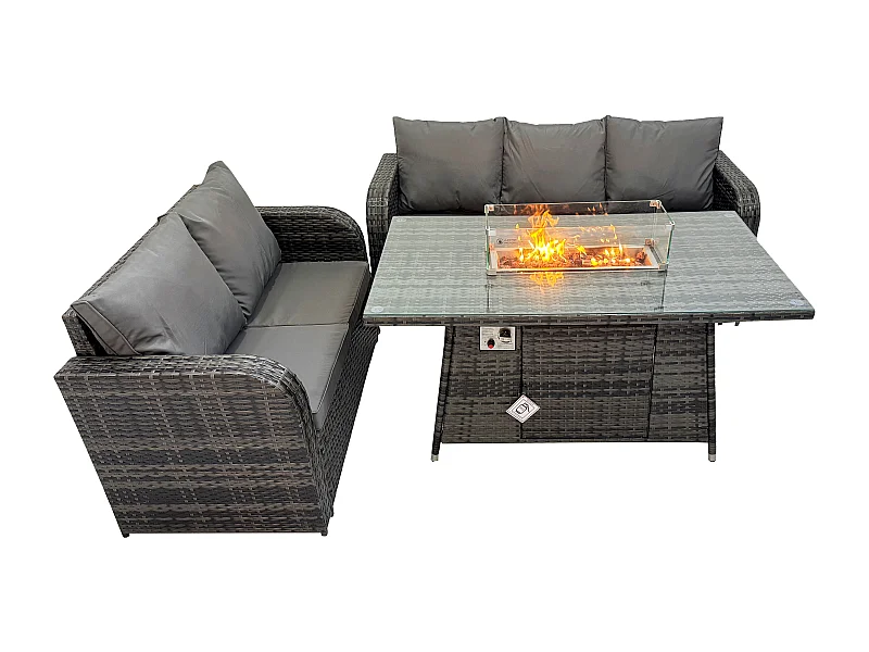 Polyrattan Gartenmöbel Set mit Gasfeuerstelle Esstisch 3 Stücke Garten Sofa im Freien Set Dunkelgrau Gemischt