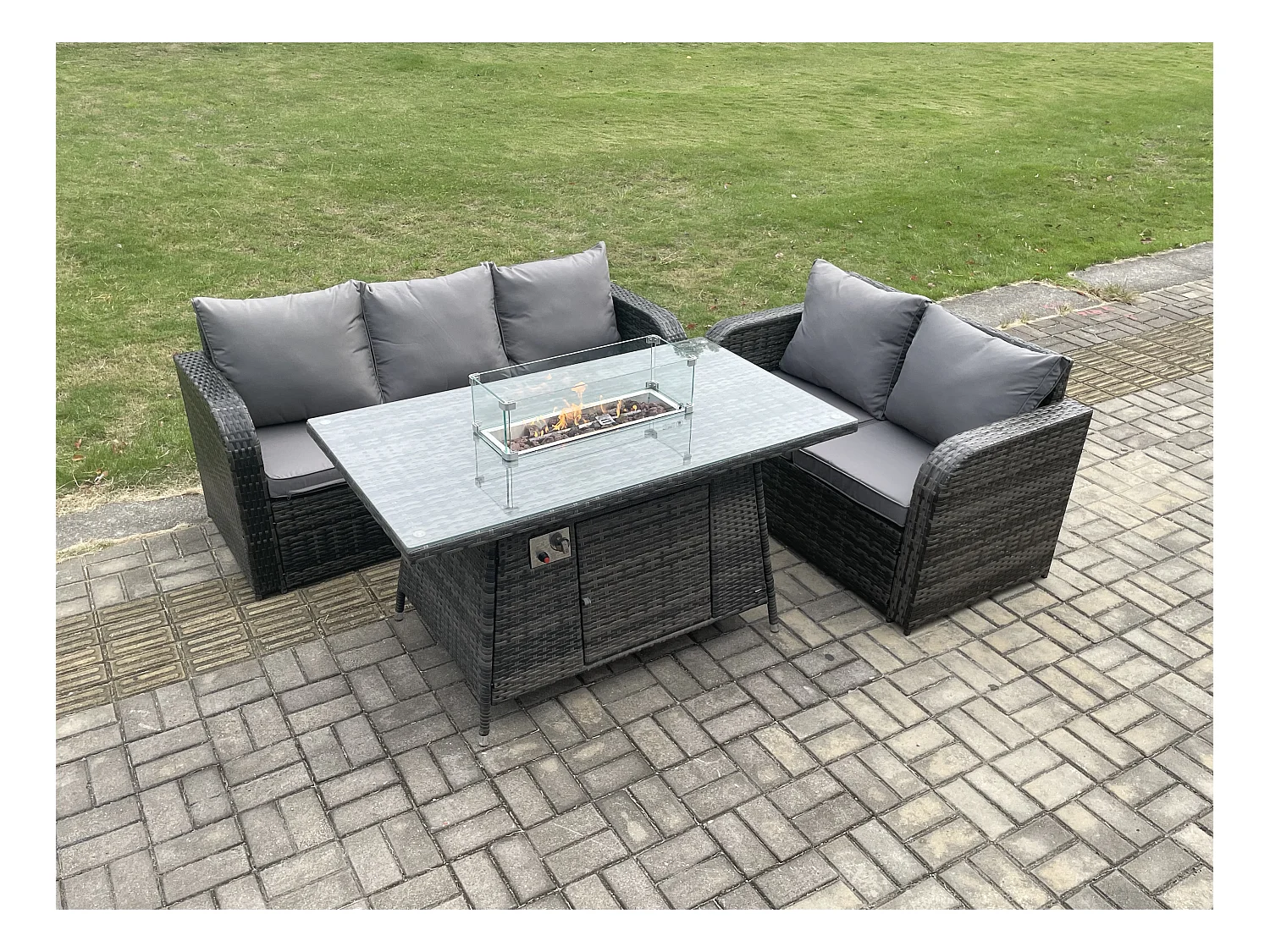 Polyrattan Gartenmöbel Set mit Gasfeuerstelle Esstisch 3 Stücke Garten Sofa im Freien Set Dunkelgrau Gemischt