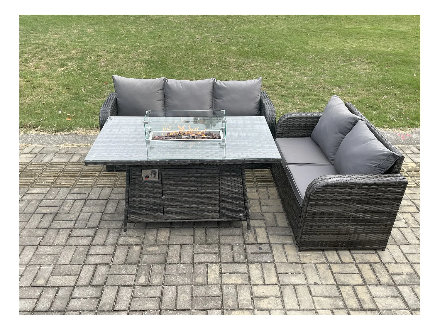 Polyrattan Gartenmöbel Set mit Gasfeuerstelle Esstisch 3 Stücke Garten Sofa im Freien Set Dunkelgrau Gemischt