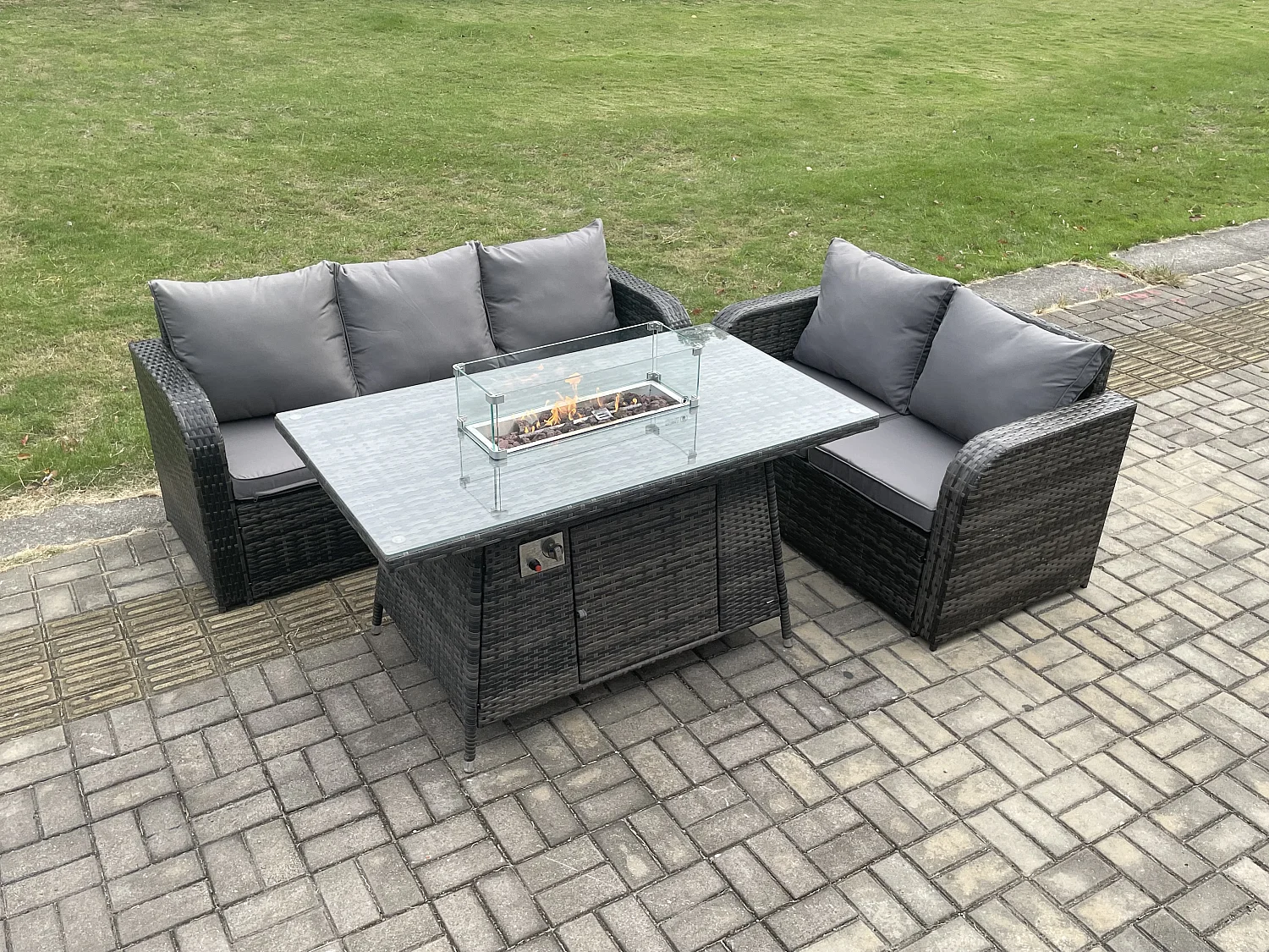 Polyrattan Gartenmöbel Set mit Gasfeuerstelle Esstisch 3 Stücke Garten Sofa im Freien Set Dunkelgrau Gemischt