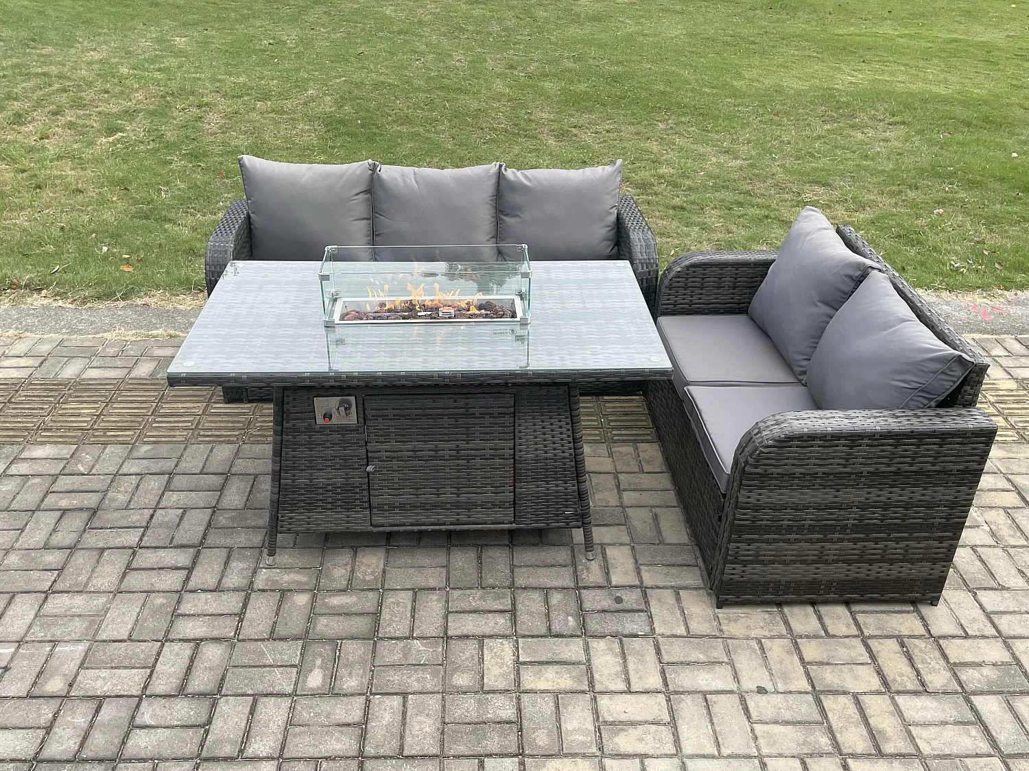 Polyrattan Gartenmöbel Set mit Gasfeuerstelle Esstisch 3 Stücke Garten Sofa im Freien Set Dunkelgrau Gemischt