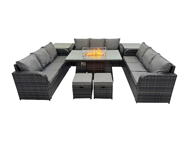 Salon de Jardin en Résine Ensemble Repas de Jardin Exterieur Table de foyer à gaz avec 2 Tables d'appoint Canapé Lounge 2 Petits tabourets