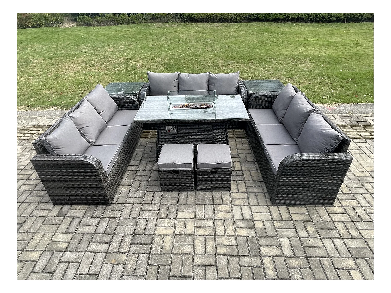 Salon de Jardin en Résine Ensemble Repas de Jardin Exterieur Table de foyer à gaz avec 2 Tables d'appoint Canapé Lounge 2 Petits tabourets