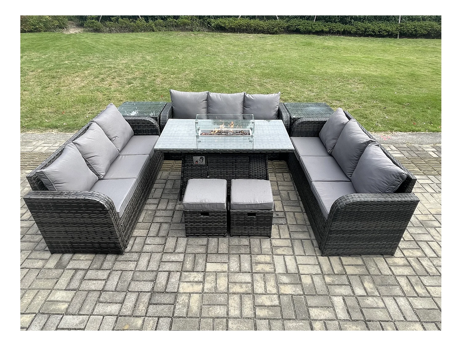 Salon de Jardin en Résine Ensemble Repas de Jardin Exterieur Table de foyer à gaz avec 2 Tables d'appoint Canapé Lounge 2 Petits tabourets