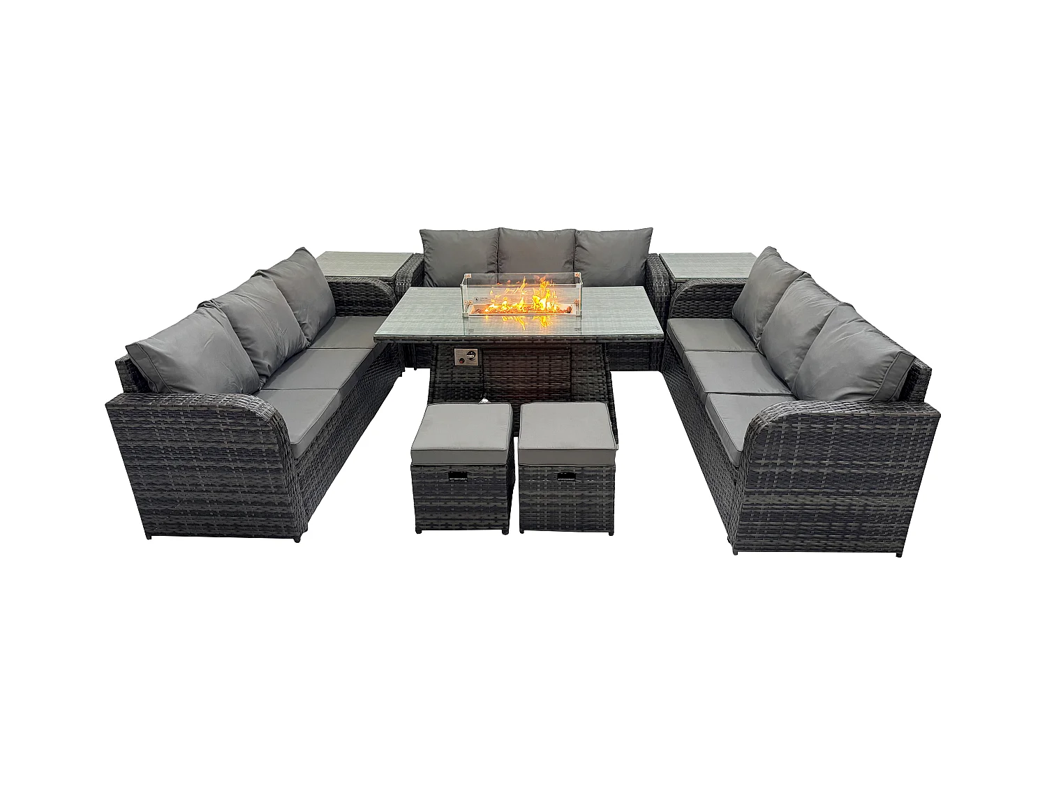 Rattan Gartenmöbel im Freien Gasfeuerstelle Esstisch Set mit 2 Beistelltischen Lounge Sofa 2 kleinen Hockern