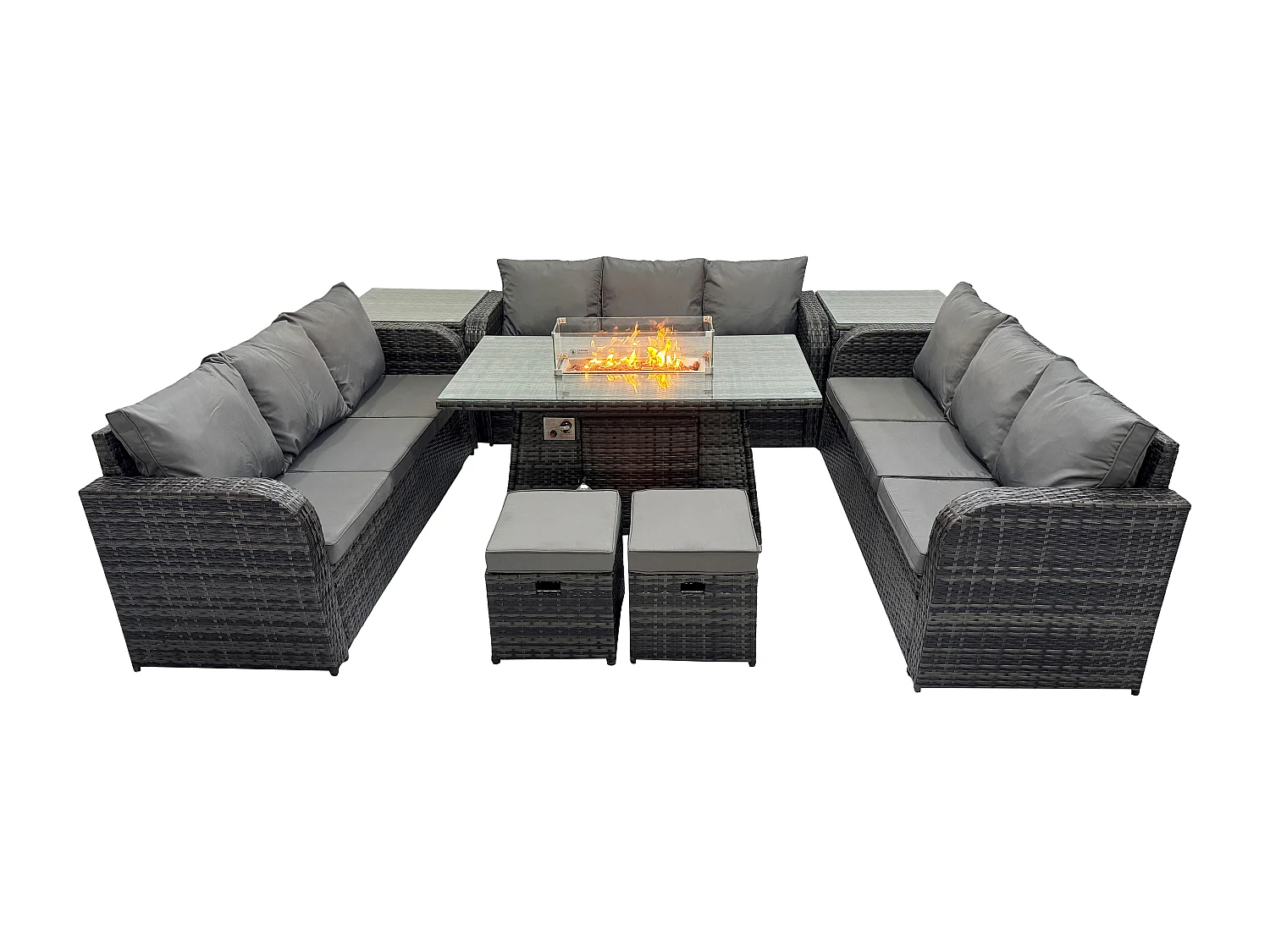 Salon de Jardin en Résine Ensemble Repas de Jardin Exterieur Table de foyer à gaz avec 2 Tables d'appoint Canapé Lounge 2 Petits tabourets