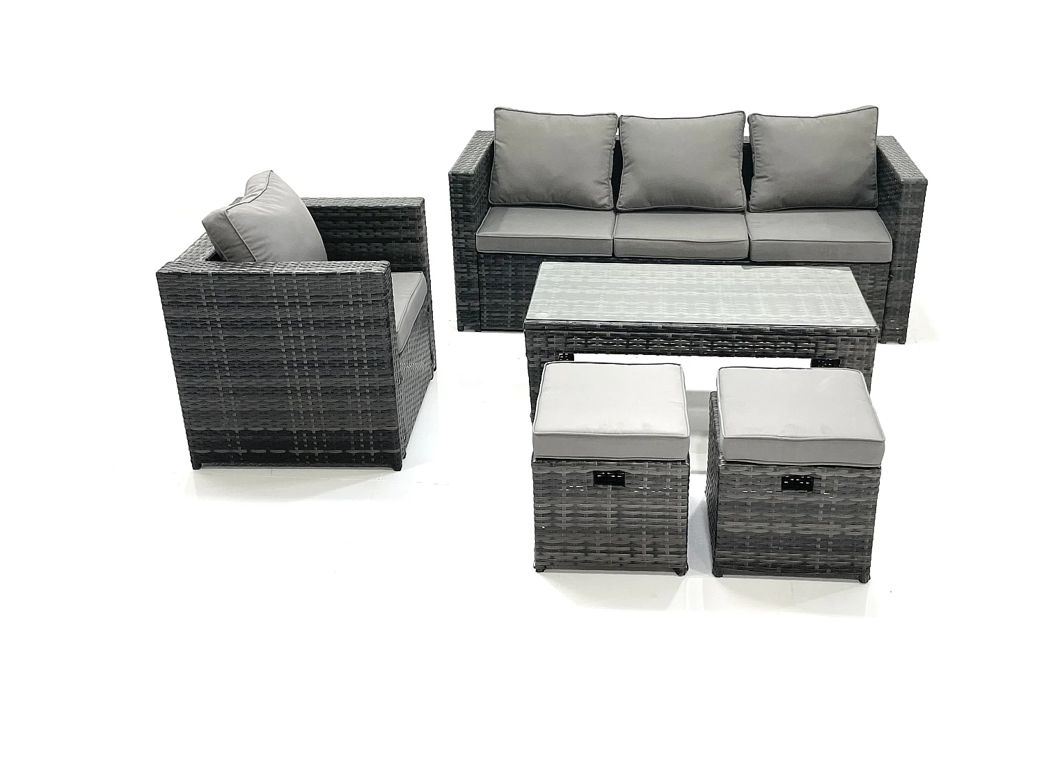 Polyrattan Gartensofa Set Couchtisch Sessel 2 kleine Fußhockern Dunkelgrau Gemischt