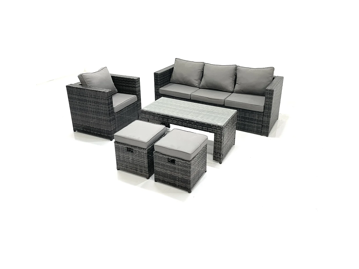 Polyrattan Gartensofa Set Couchtisch Sessel 2 kleine Fußhockern Dunkelgrau Gemischt