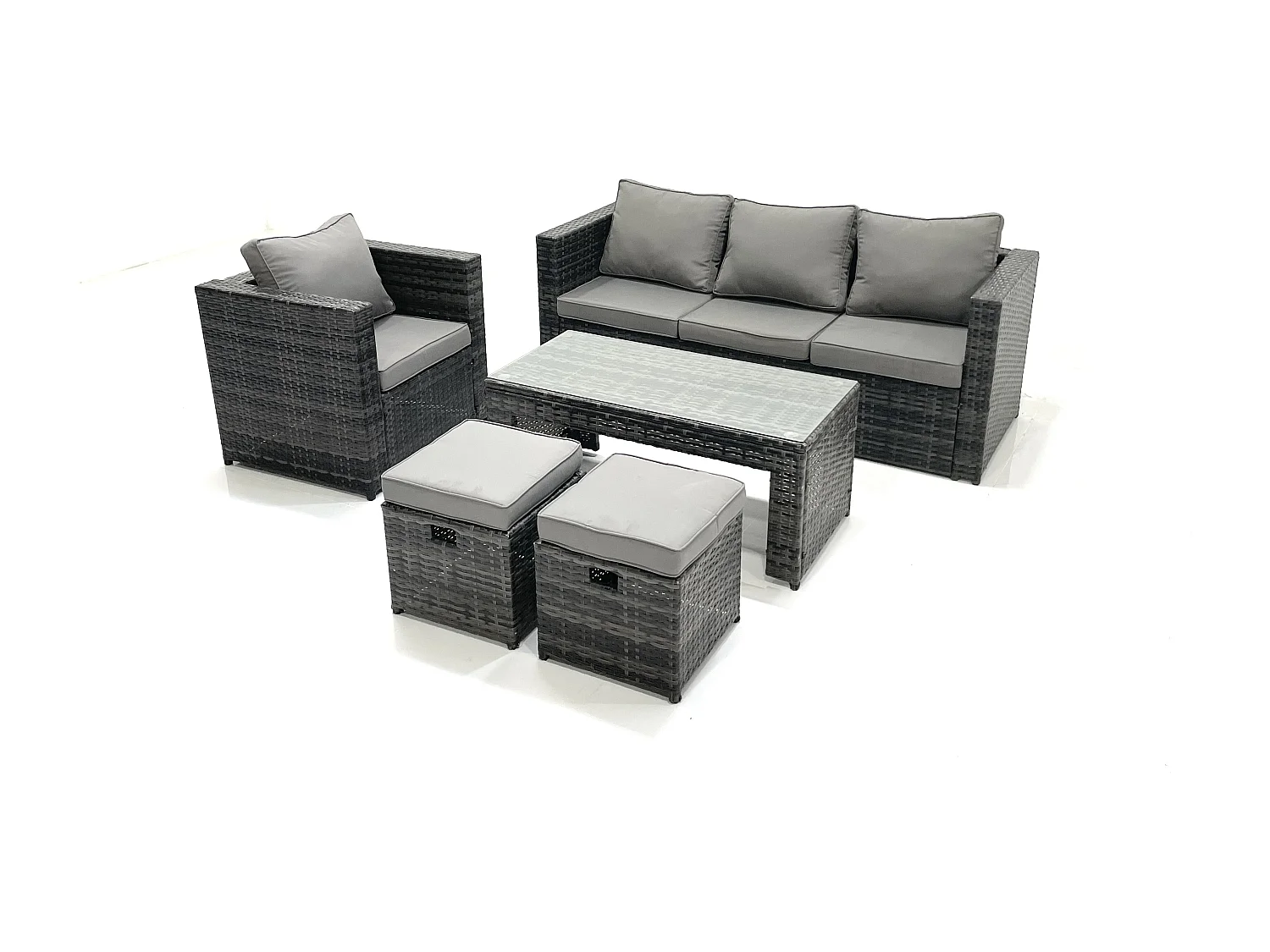 Fimous Rattan Garden Furniture Set Outdoor Lounger Sofa with Coffee Table Armchair 2 Small Footstools Dark Grey Mixed