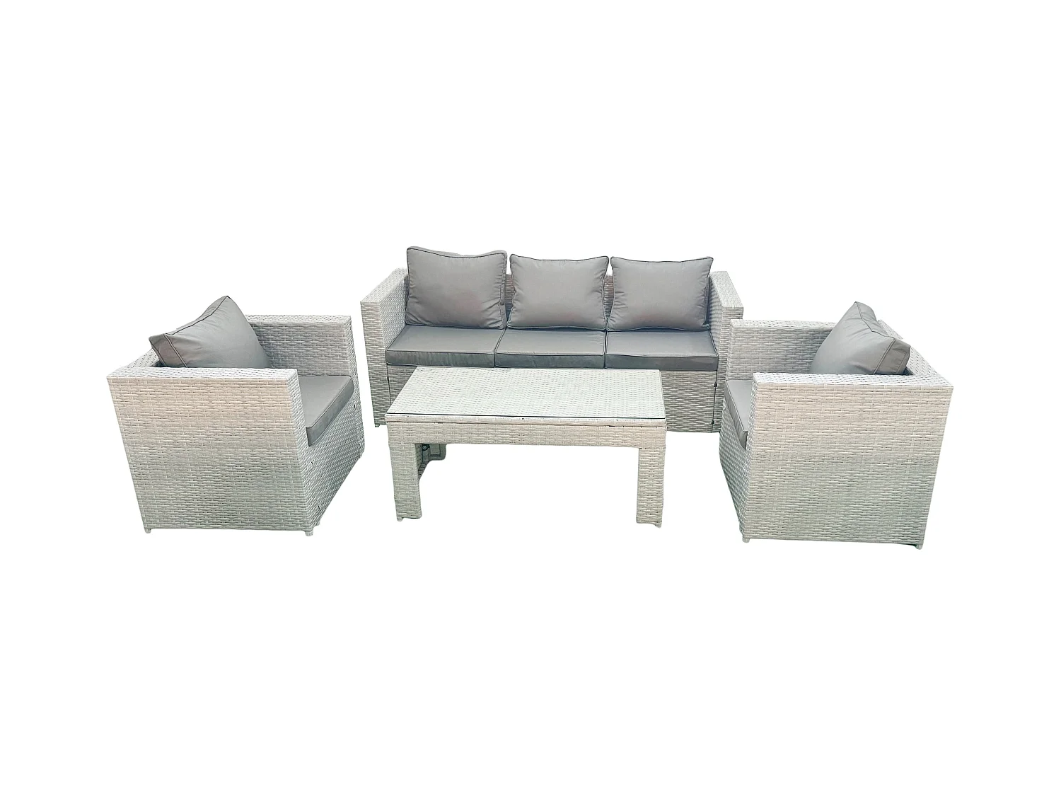 Polyrattan Gartenmöbel Set 4 Stücke Outdoor Garten Sofa Rechteckiger Couchtisch Set mit 2 Sesseln Hellgrau gemischt
