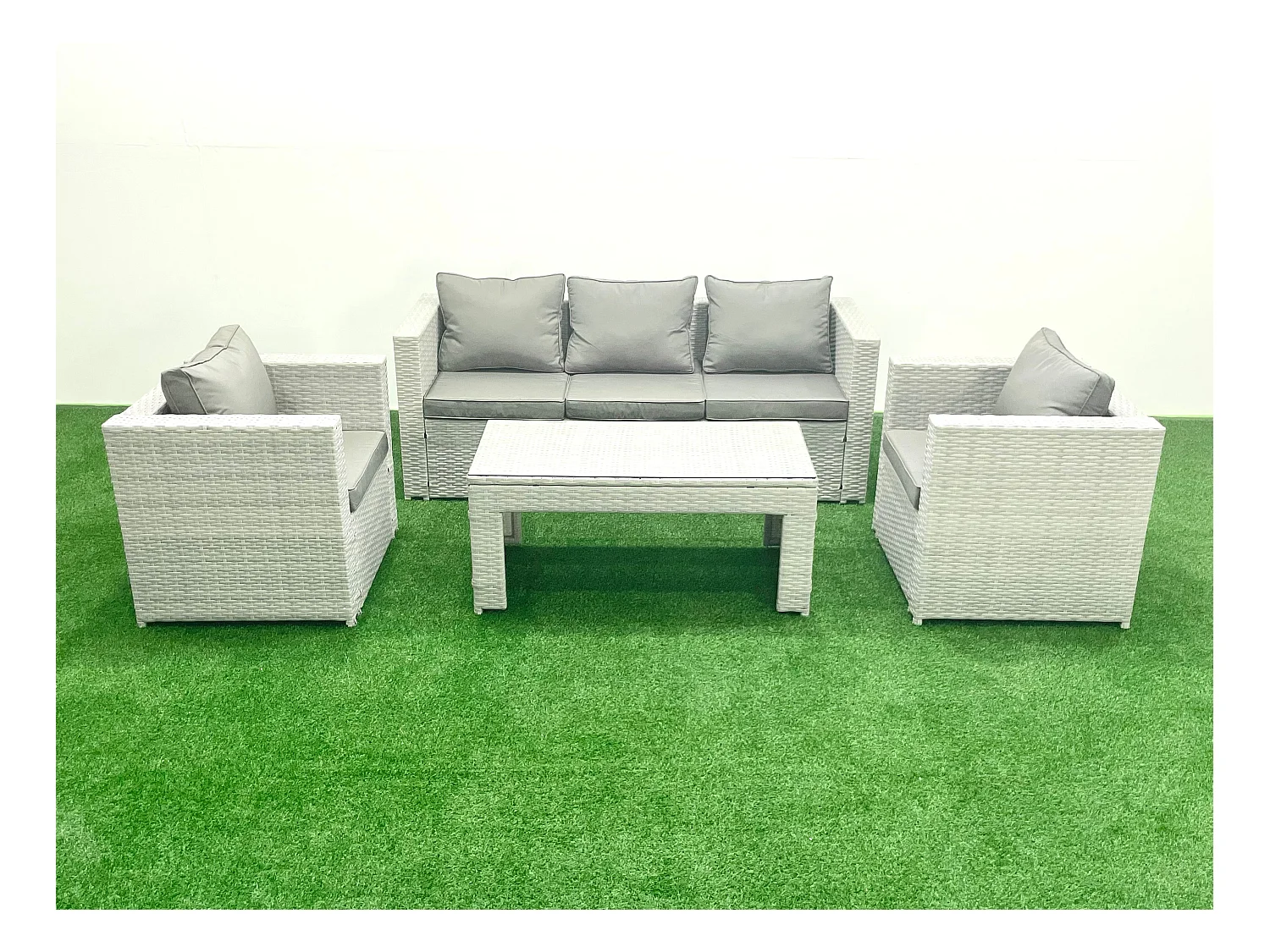 Polyrattan Gartenmöbel Set 4 Stücke Outdoor Garten Sofa Rechteckiger Couchtisch Set mit 2 Sesseln Hellgrau gemischt