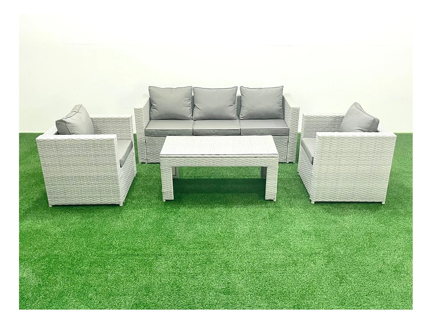 Polyrattan Gartenmöbel Set 4 Stücke Outdoor Garten Sofa Rechteckiger Couchtisch Set mit 2 Sesseln Hellgrau gemischt