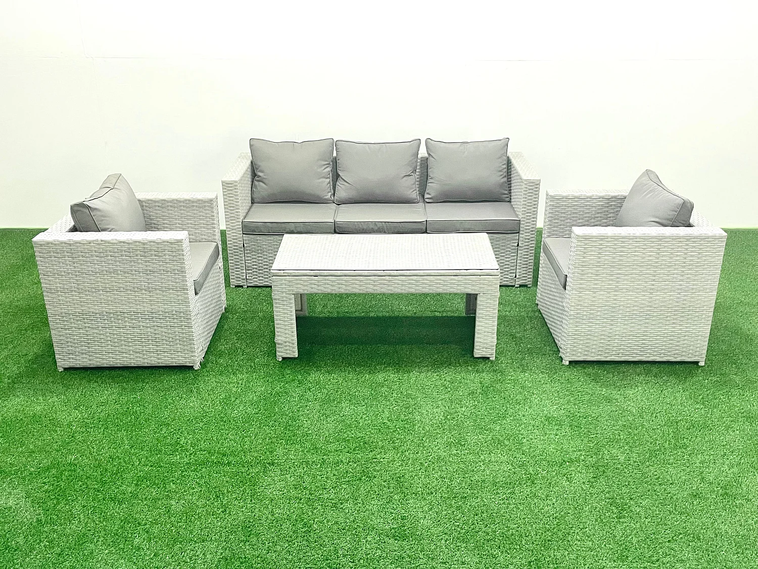 Salon de jardin 4 Pièces Canapé de jardin Table basse oblongue avec 2 Chaises Gris clair mixte