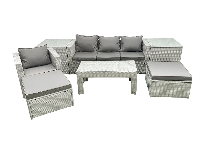 Salon de Jardin Ensemble avec Coussins gris 6 places avec 2 Grand tabourets et Table basse,2 Tables d'appoint