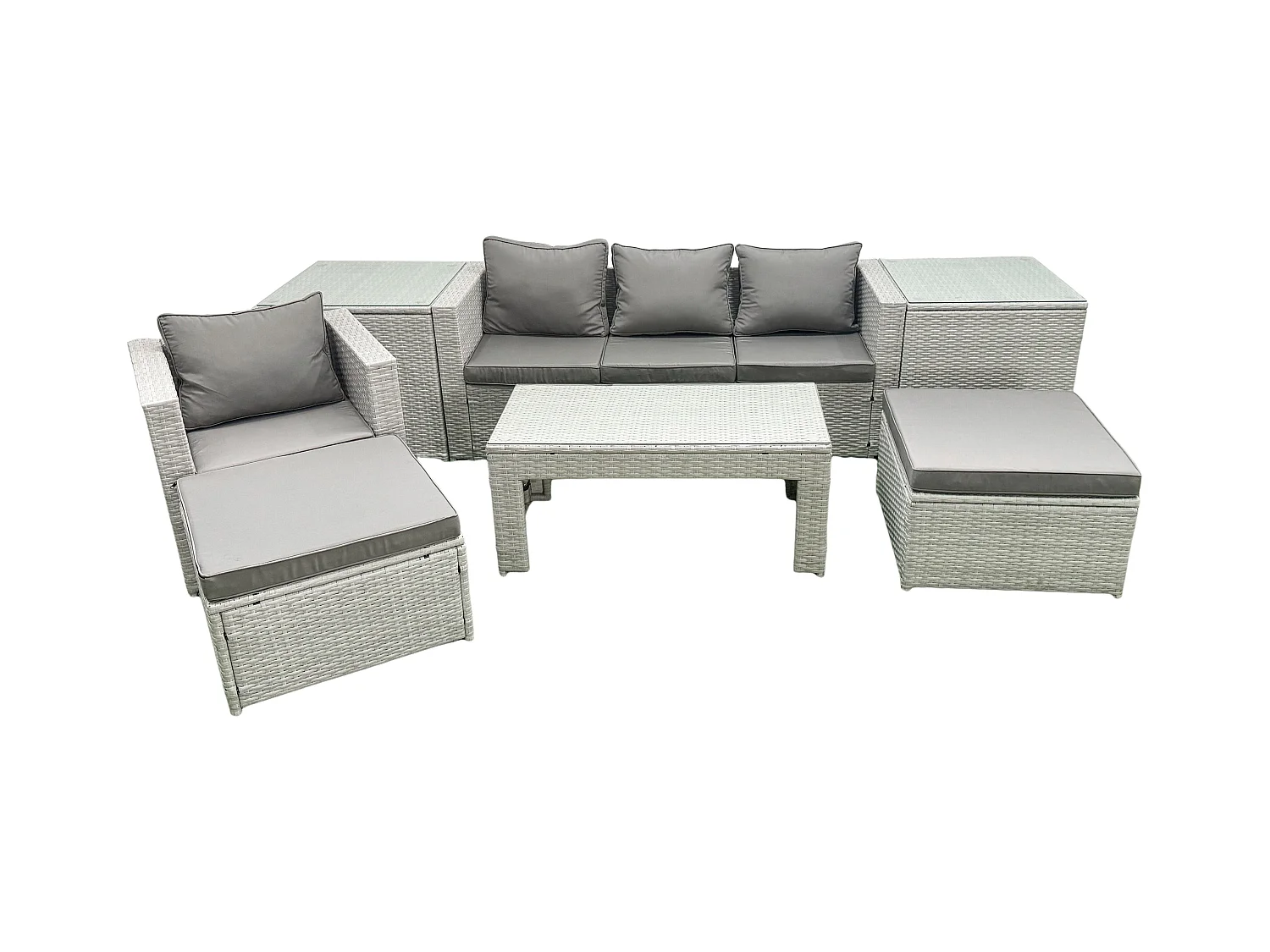 Polyrattan Gartenmöbelset mit Graue Kissen 6-Sitzer mit 2 hohen Hockern und Couchtisch,2 Beistelltischen