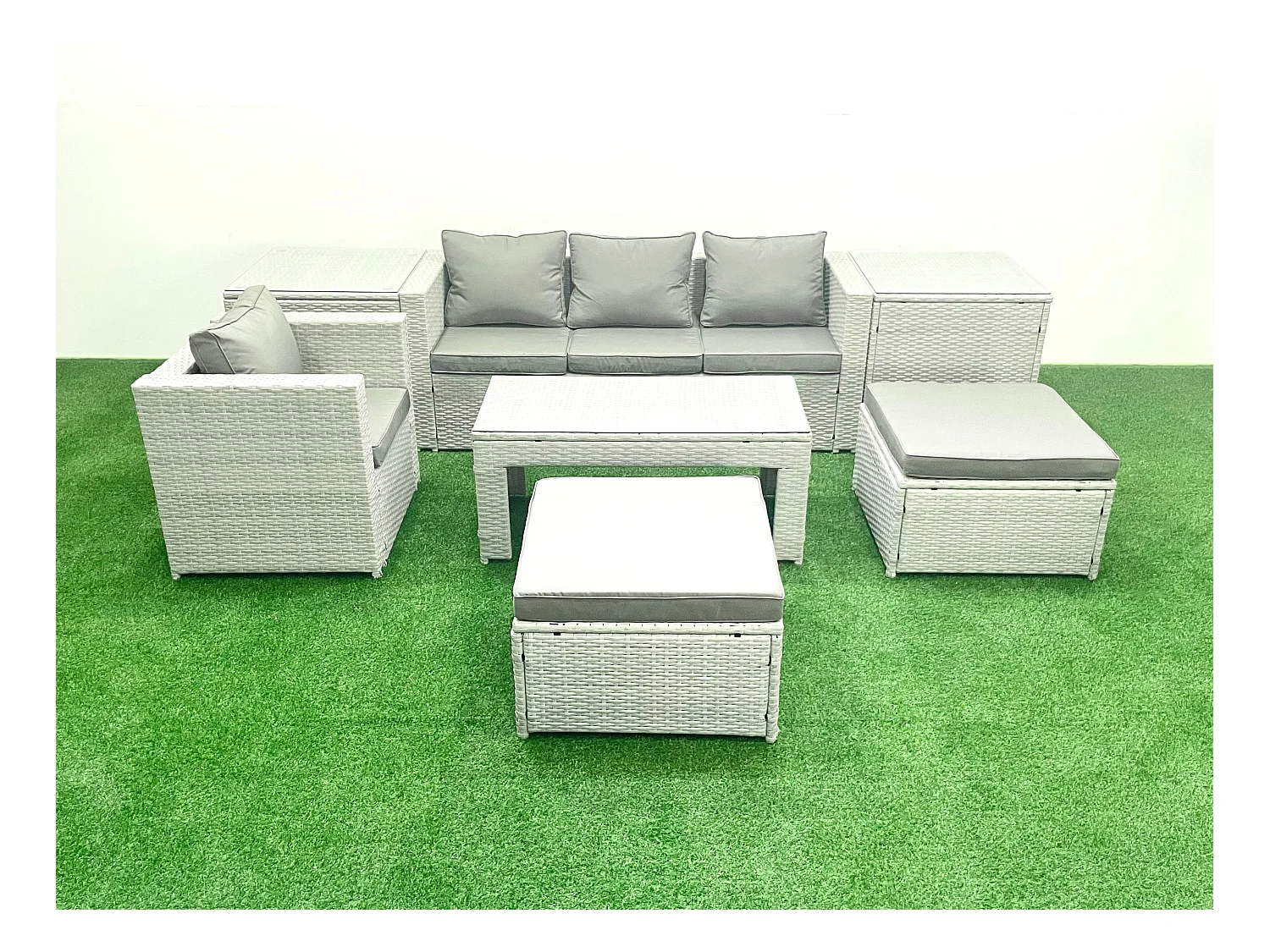 Polyrattan Gartenmöbelset mit Graue Kissen 6-Sitzer mit 2 hohen Hockern und Couchtisch,2 Beistelltischen