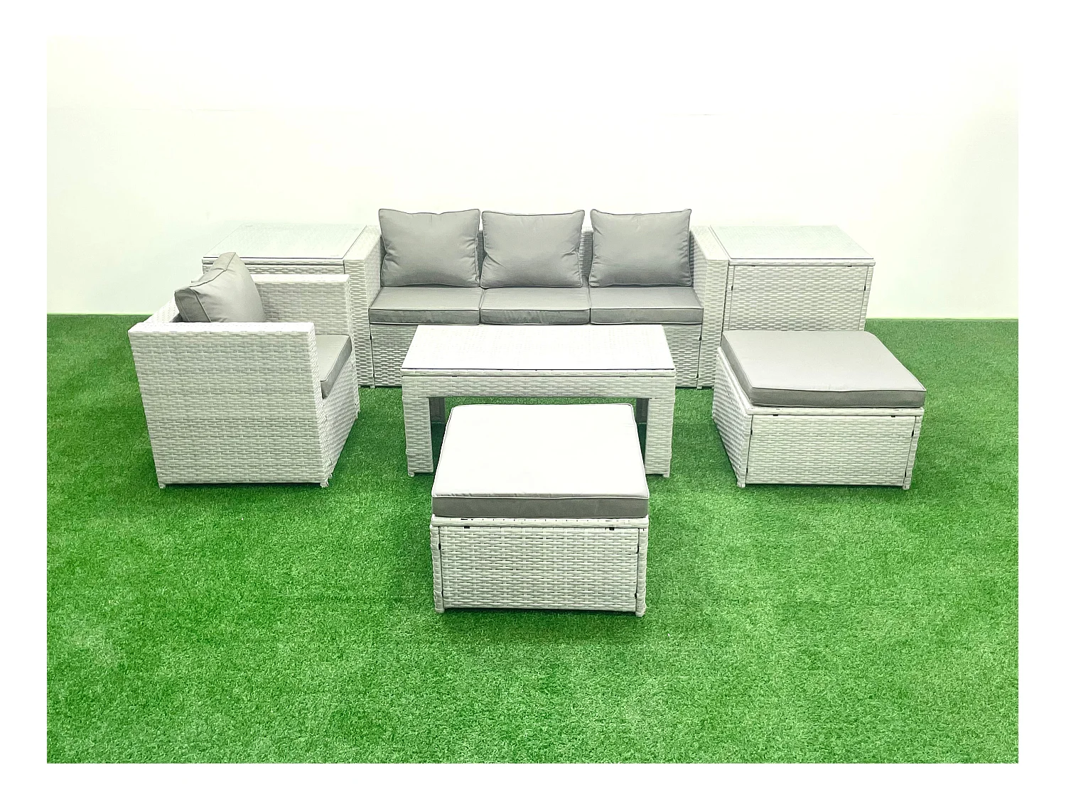 Polyrattan Gartenmöbelset mit Graue Kissen 6-Sitzer mit 2 hohen Hockern und Couchtisch,2 Beistelltischen