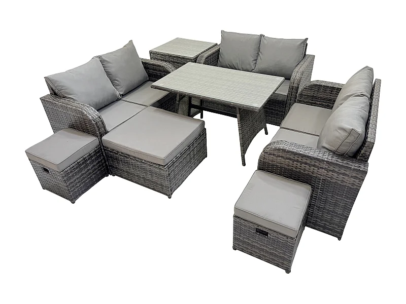Polyrattan Gartenmöbelset 9-Sitzer Gartensofa Set Set mit Rechteckiger Esstisch 3 Hockern Beistelltisch Dunkelgrau Gemischt