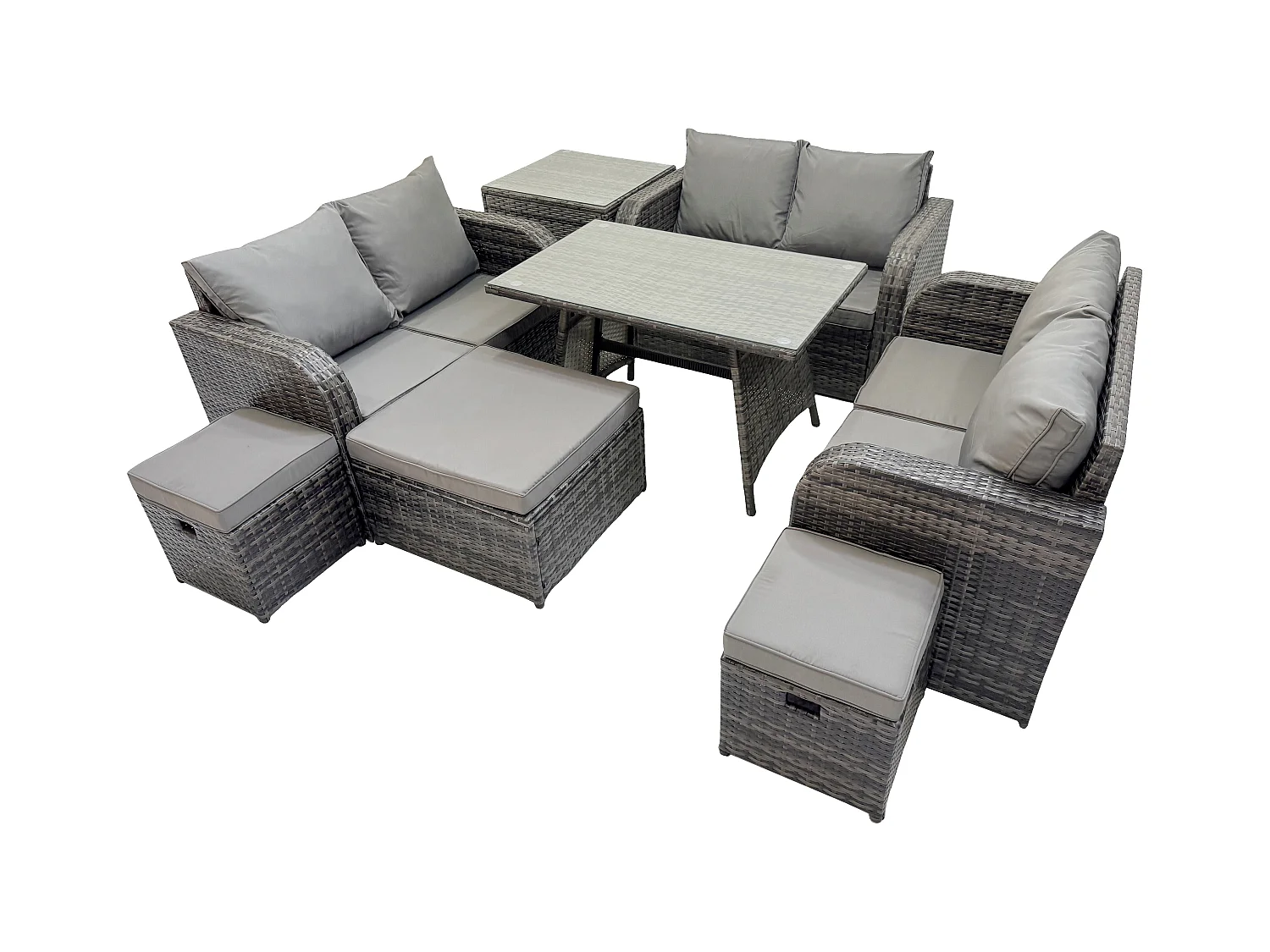 Salon de jardin exterieur 9 places avec Canapé d'amour Table à manger rectangulaire 3 Tabourets Table d'appoint Gris foncé mixte