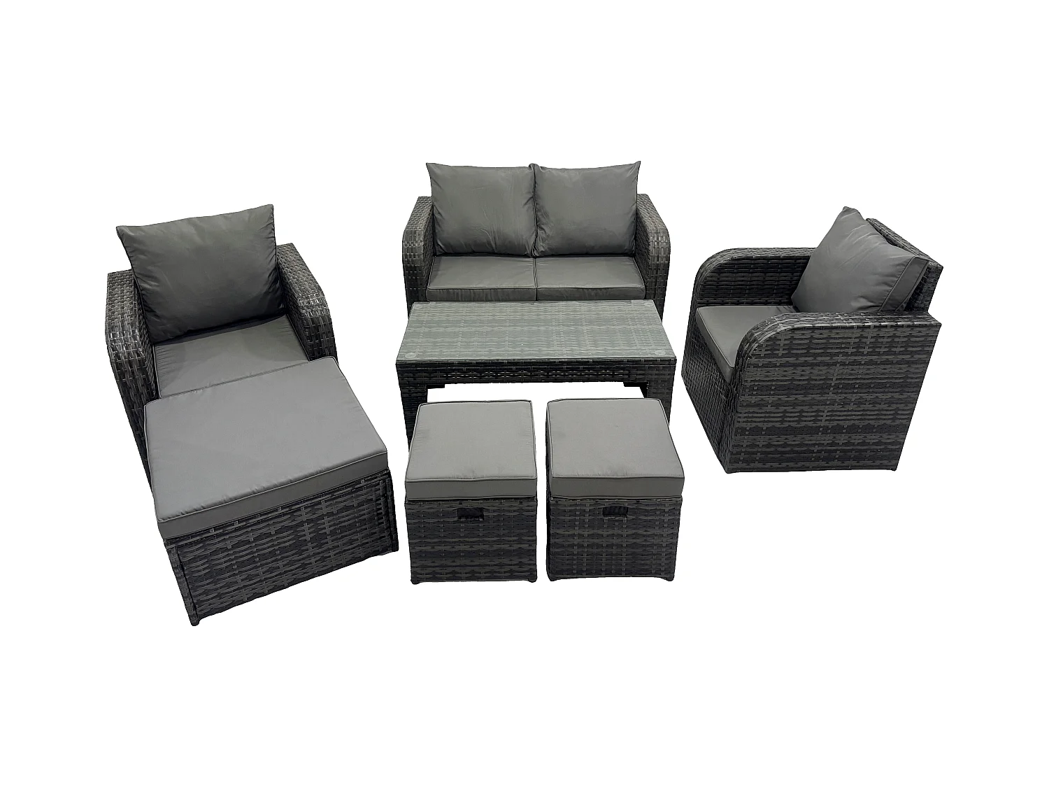 7 places Ensemble de meubles de jardin en polyrotin avec Table basse rectangulaire Canapé d'amour 3 Tabourets Gris foncé mixte