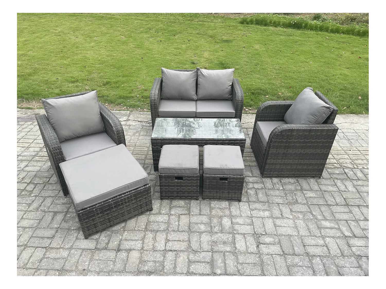 7 places Ensemble de meubles de jardin en polyrotin avec Table basse rectangulaire Canapé d'amour 3 Tabourets Gris foncé mixte