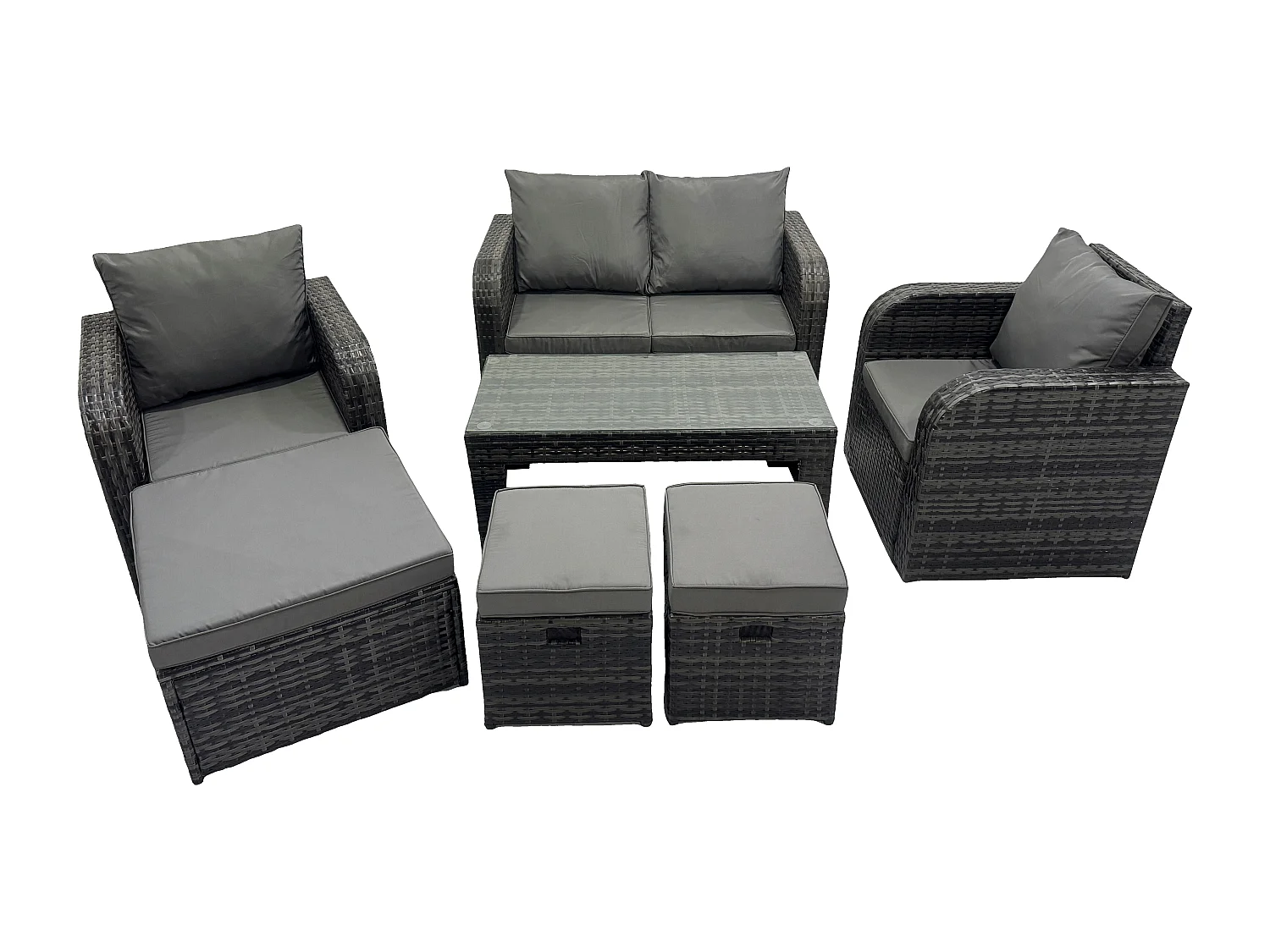 7-Sitzer Rattan Lounge Sofa Set Gartenmöbel-Set mit Rechteckiger Couchtisch Love Sofa 3 Hockern Dunkelgrau Gemischt