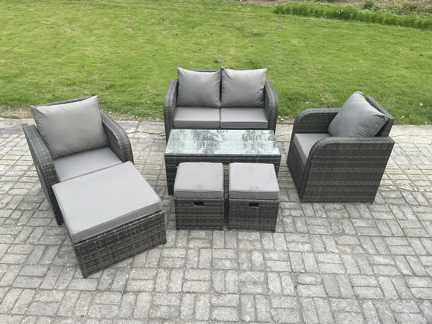 7-Sitzer Rattan Lounge Sofa Set Gartenmöbel-Set mit Rechteckiger Couchtisch Love Sofa 3 Hockern Dunkelgrau Gemischt