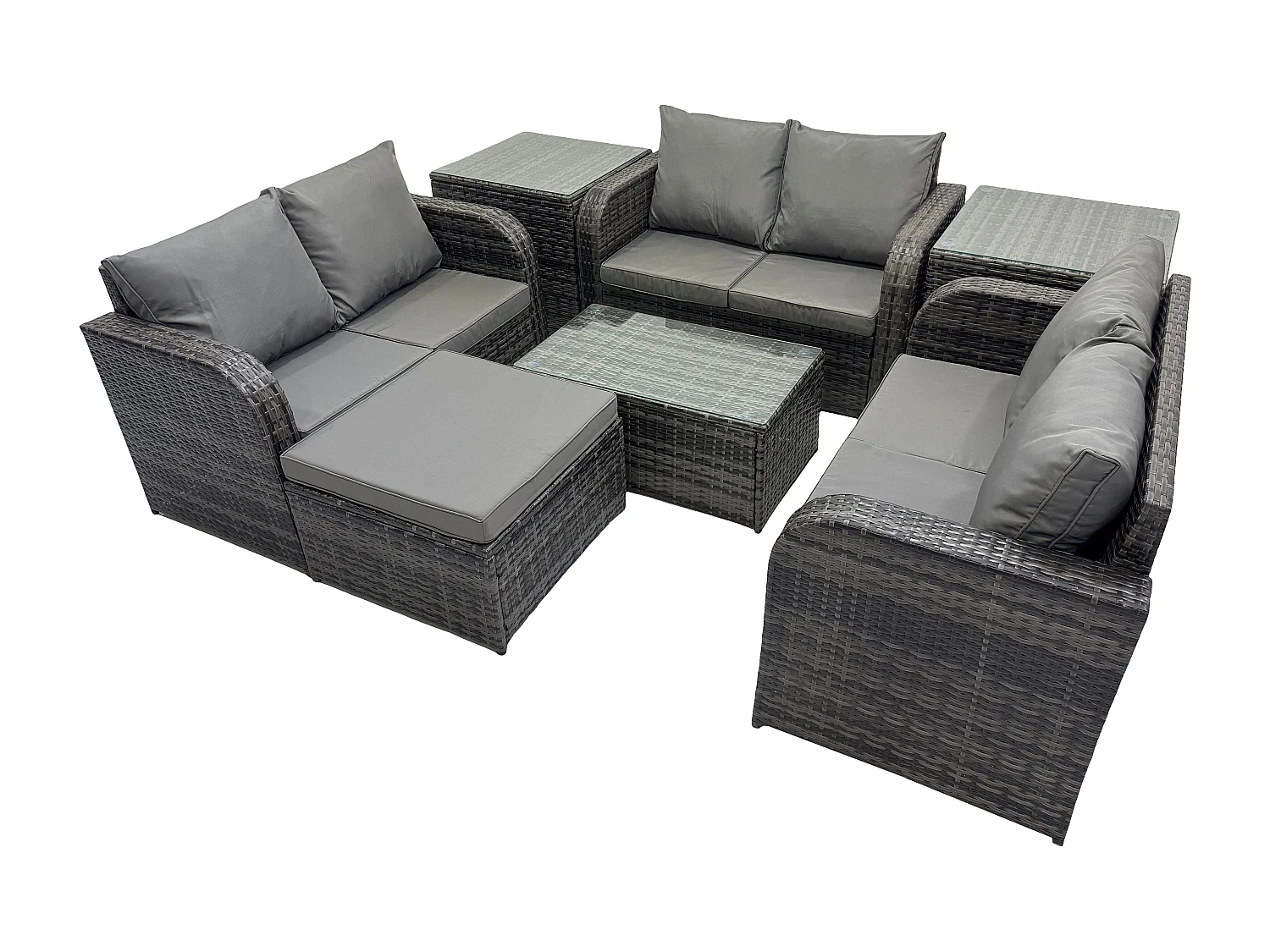 Gartenmöbel-Sets 7-Sitzer Polyrattan Möbel Sofa Sets mit Rechteckiger Couchtisch Love Sofa 2 Beistelltischen 2 Großer Hockern Dunkelgrau Gemischt