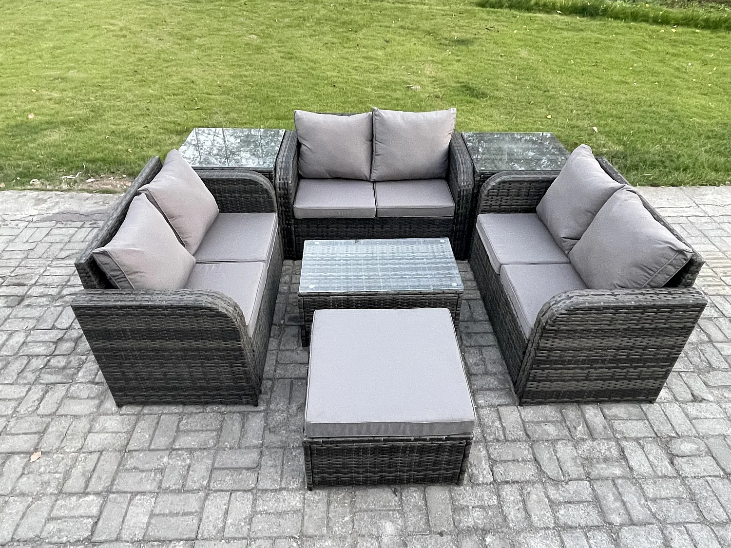 Gartenmöbel-Sets 7-Sitzer Polyrattan Möbel Sofa Sets mit Rechteckiger Couchtisch Love Sofa 2 Beistelltischen 2 Großer Hockern Dunkelgrau Gemischt