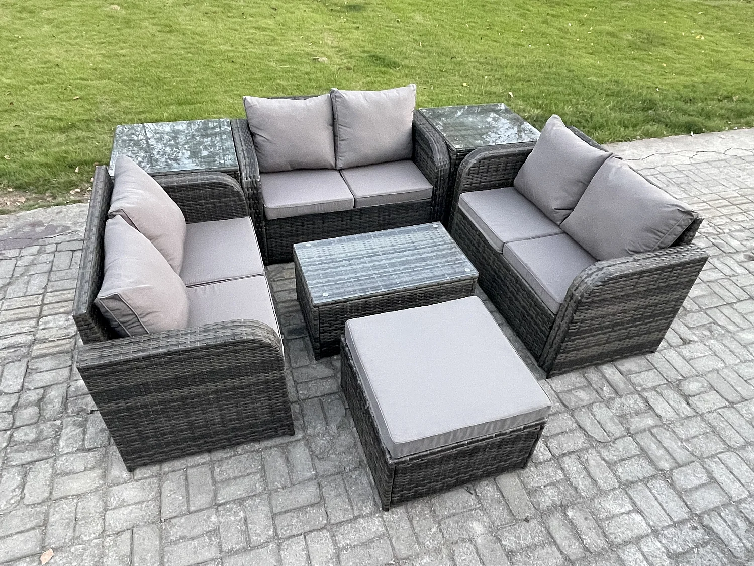 Gartenmöbel-Sets 7-Sitzer Polyrattan Möbel Sofa Sets mit Rechteckiger Couchtisch Love Sofa 2 Beistelltischen 2 Großer Hockern Dunkelgrau Gemischt