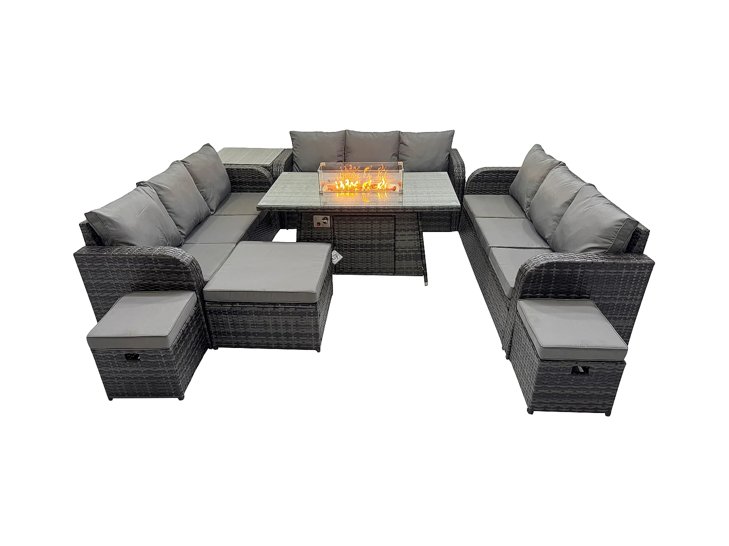 Rattan Gartenmöbel im Freien Gasfeuerstelle Esstisch Set mit Beistelltisch Lounge Sofa 3 Hockern