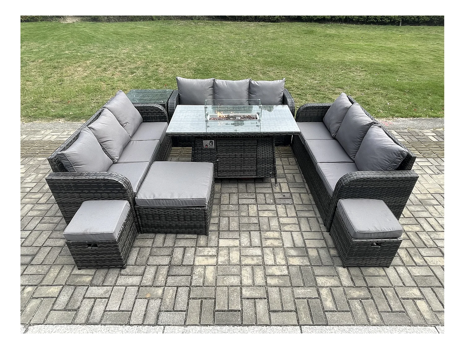 Rattan Gartenmöbel im Freien Gasfeuerstelle Esstisch Set mit Beistelltisch Lounge Sofa 3 Hockern