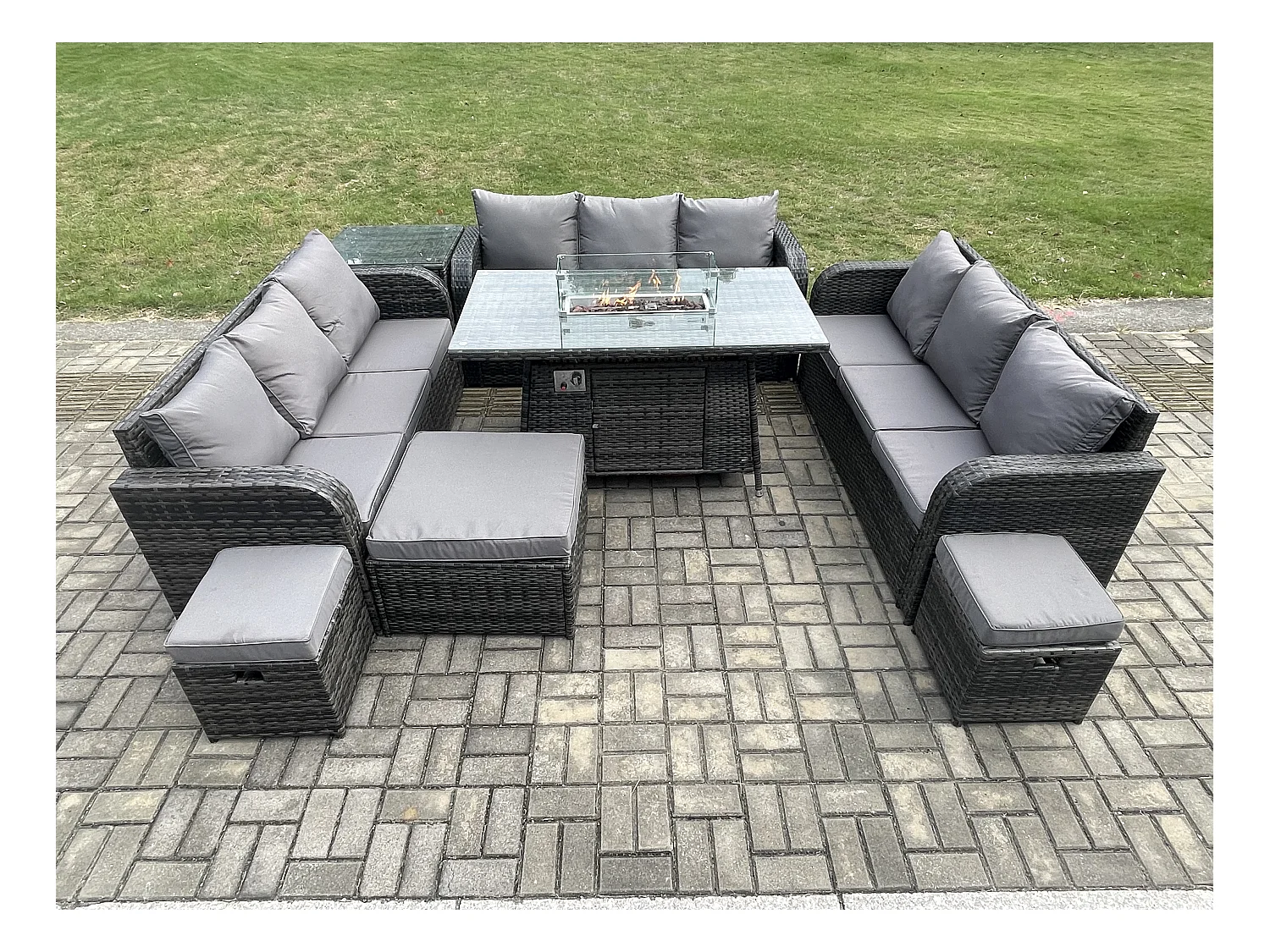 Rattan Gartenmöbel im Freien Gasfeuerstelle Esstisch Set mit Beistelltisch Lounge Sofa 3 Hockern