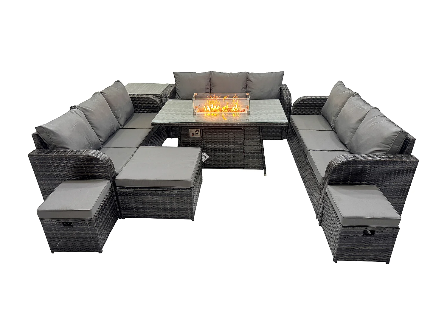 Rattan Gartenmöbel im Freien Gasfeuerstelle Esstisch Set mit Beistelltisch Lounge Sofa 3 Hockern