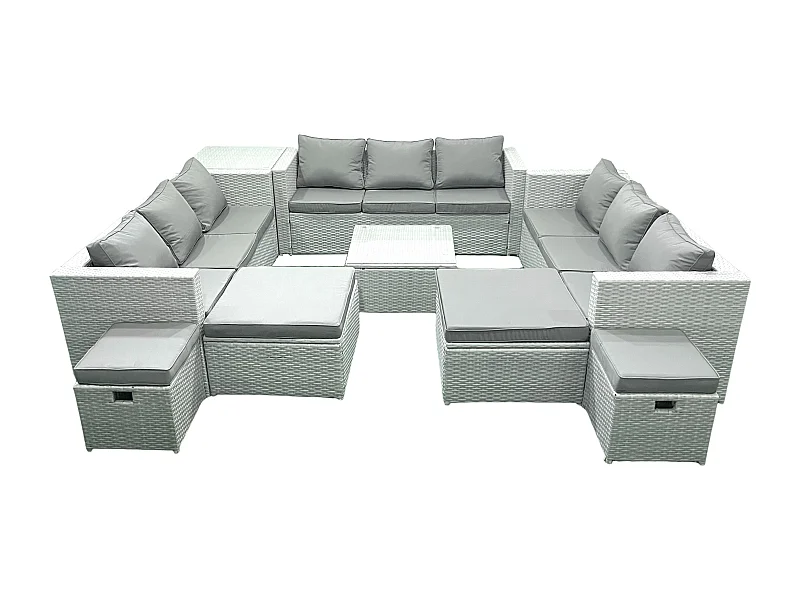 Salon de Jardin Exterieur en Résine 14 places avec Canapé Table d'appoint 4 Tabourets Gris clair mixte