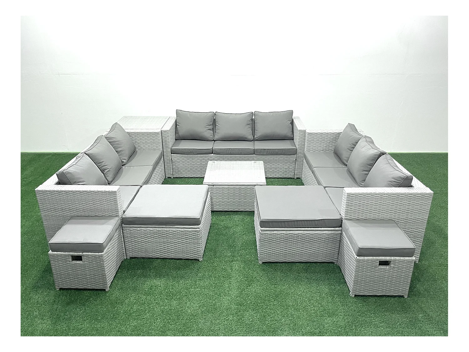 Salon de Jardin Exterieur en Résine 14 places avec Canapé Table d'appoint 4 Tabourets Gris clair mixte