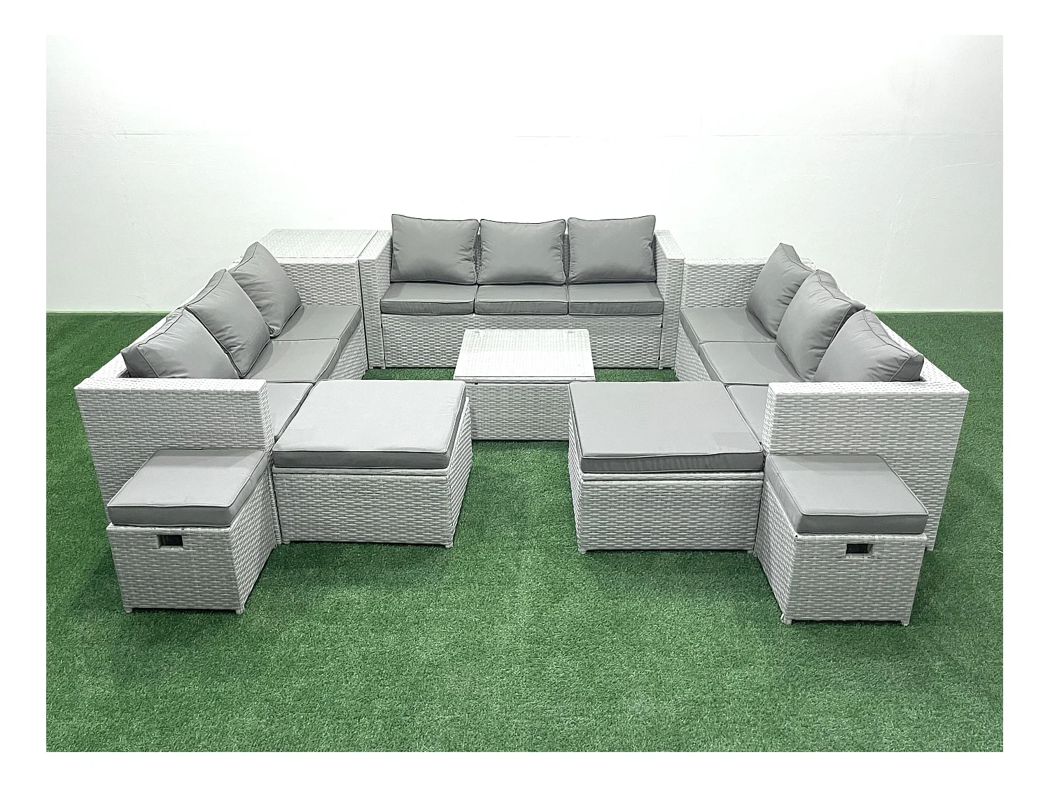 Salon de Jardin Exterieur en Résine 14 places avec Canapé Table d'appoint 4 Tabourets Gris clair mixte