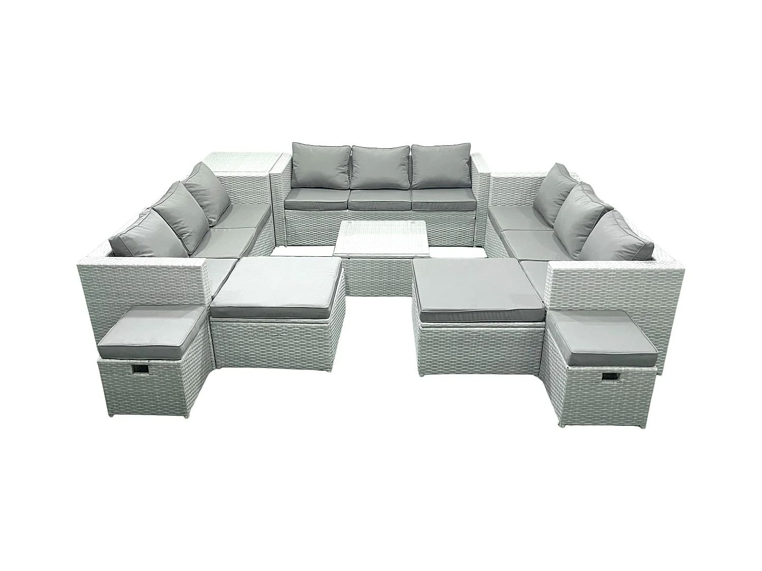 Gartenmöbel-Set 14-Sitzer Polyrattan Sofa Set mit Beistelltisch 4 Hockern Hellgrau gemischt