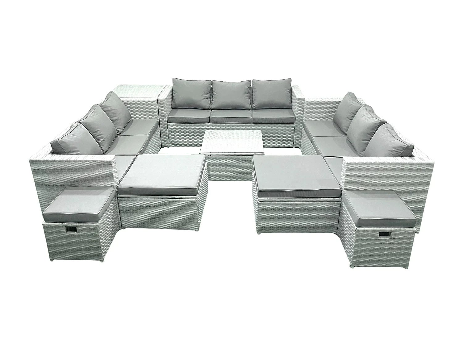 Salon de Jardin Exterieur en Résine 14 places avec Canapé Table d'appoint 4 Tabourets Gris clair mixte