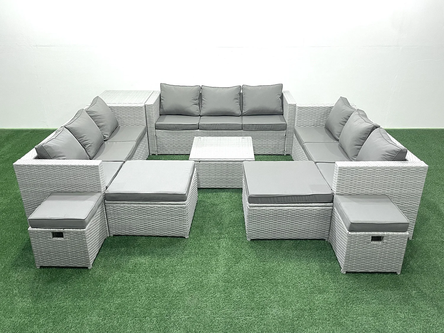 Salon de Jardin Exterieur en Résine 14 places avec Canapé Table d'appoint 4 Tabourets Gris clair mixte