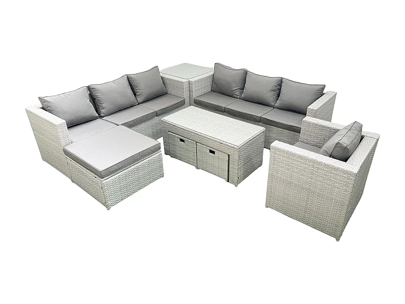 Meubles d'extérieur en rotin avec Table basse oblongue Fauteuil 3 Tabourets Table d'appoint Gris clair mixte