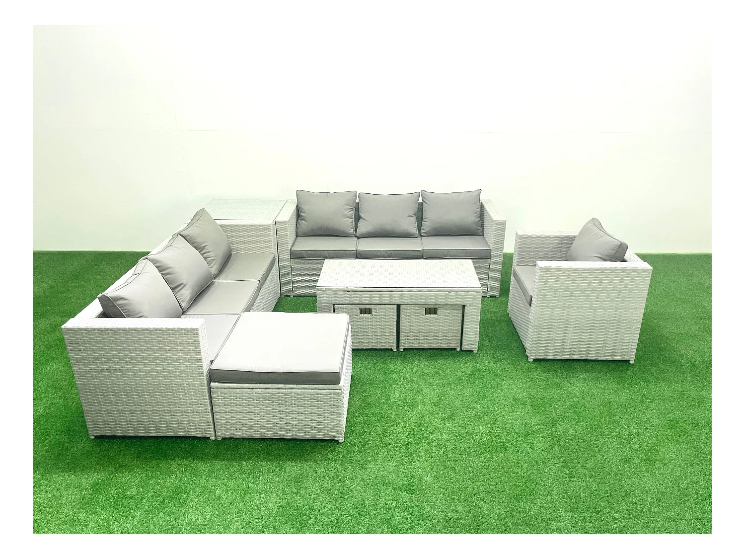 Meubles d'extérieur en rotin avec Table basse oblongue Fauteuil 3 Tabourets Table d'appoint Gris clair mixte